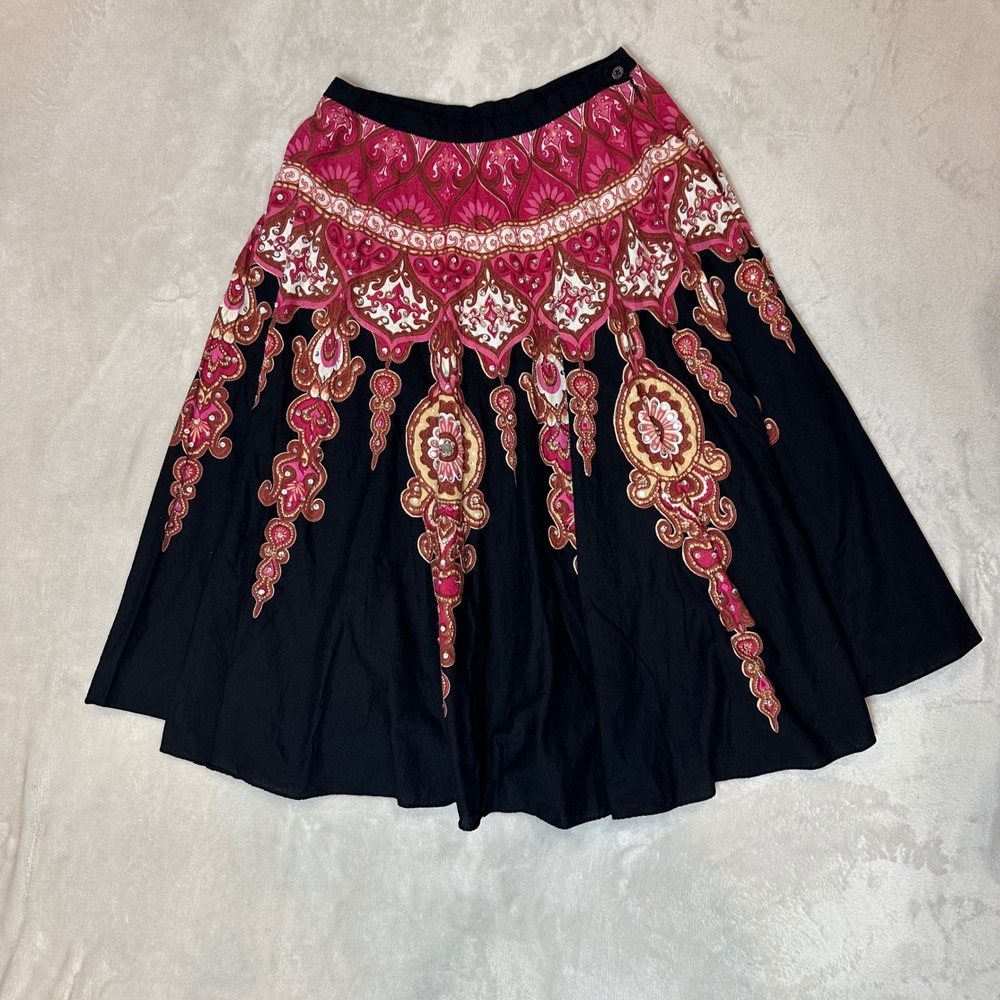 Boho Mandala Print Embellished Midi Skirt Black Pink Gold Flared Side Zip
